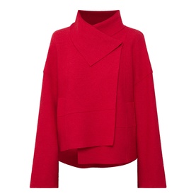 Oska scarlet wool jacket with asymmetric wrap-over front, high collar, and wide long sleeves, no model