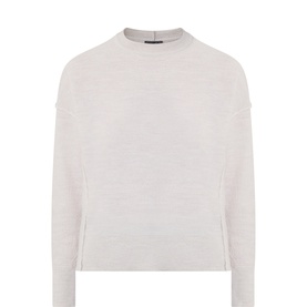 Oska ecru 100% virgin wool crew neck knit sweater with dropped shoulders and ribbed trim detailing