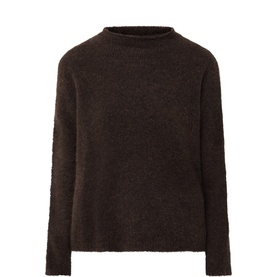 Oska knitwear in Choco, boucle texture, mock-neck collar, relaxed boxy fit, long sleeves, alpaca blend
