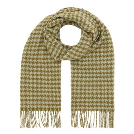 Oska wool scarf in Meadow, houndstooth pattern with fringed ends, folded flat to show full length
