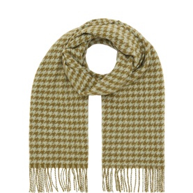 Oska wool scarf in Meadow, houndstooth pattern with fringed ends, folded flat to show full length