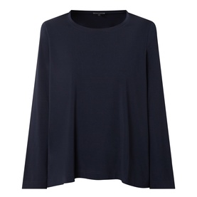 Oska Solid Long-Sleeved Top in navy, crew neckline, long flared sleeves, fluid silhouette with slightly flared hem