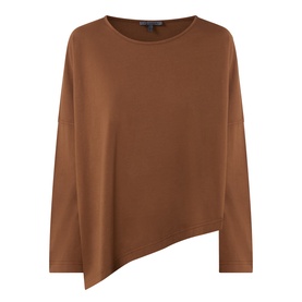 Oska Asymmetric Long-Sleeved Top in Wood, round neckline, dropped shoulders, long sleeves, asymmetric hem