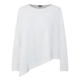 Oska Asymmetric Long-Sleeved Top in ecru, round neckline, dropped shoulders, long sleeves, asymmetric hem, tonal stitching