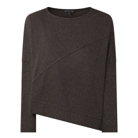 Oska Asymmetric Knitted Sweater in Wood, crew neck, dropped shoulders, long sleeves, diagonal seam detail and asymmetric hem.