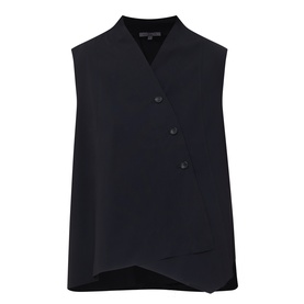 Oska black sleeveless top with V-neckline, asymmetric wrap hem, and diagonal button placket detail