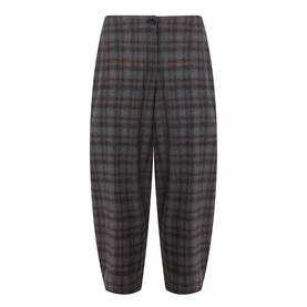 Oska Choco check trousers in wool blend, wide-leg cropped cut with single button waistband fastening