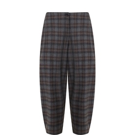 Oska Choco check trousers in wool blend, wide-leg cropped cut with single button waistband fastening