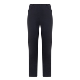 Oska navy trousers in lyocell-cotton blend, slim tapered leg, elasticated waistband, cropped length, flat front