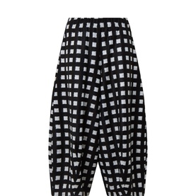 Oska black check-print wide-leg trousers with draped, gathered silhouette in monochrome grid pattern