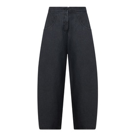 Oska Wide Leg Cropped Trousers in black, wide-leg tapered silhouette, four-pocket style, button fly, washed denim finish