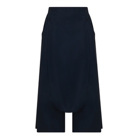 Oska Draped Wide Cropped Trousers in navy, mid-rise with covered elasticated waistband, draped front panel, and raw-edge hems