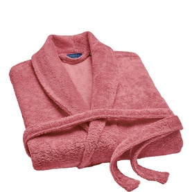 Folded dusty pink terry cotton bathrobe with shawl collar and tie belt, shown flat against white background.