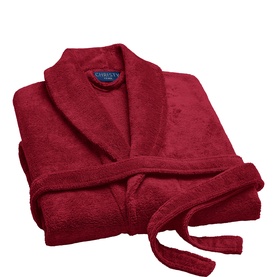 Christys' London deep red terry towelling bath robe with shawl collar and tie belt, folded flat