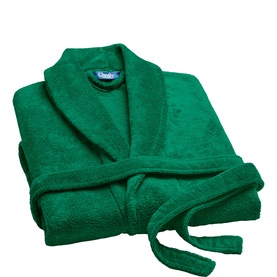 Christys forest green terry towelling bathrobe with shawl collar and tie belt, folded flat view