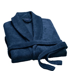 Christys navy terry towelling bathrobe with shawl collar and tie belt, folded flat view