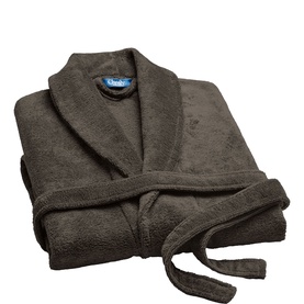 Christys tarmac grey terry towelling bathrobe with shawl collar and tie belt, folded flat view