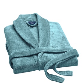 Christys teal terry towelling bath robe with shawl collar and tie belt, folded to show texture and embroidered logo