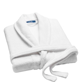 Christys white terry towelling bathrobe with shawl collar, tie belt, and embroidered logo, folded flat, size small-medium-large