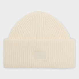 Varley beanie hat in Egret, ribbed knit with wide folded cuff and tonal logo patch