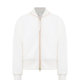 Varley bomber jacket in Egret, full zip fastening with contrast piping trim, ribbed cuffs and hem