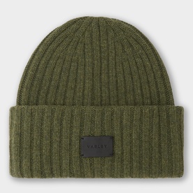 Varley Olive Mid Marl ribbed knit beanie hat with folded cuff and small branded leather patch label