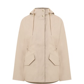 Varley jacket in black with hood, front patch pockets, drawstring waist, and zip fastening