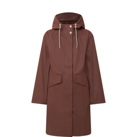 Varley Tovera Long Rain Jacket in Deep Mahogany with drawstring hood, zip placket, and flap pockets. Relaxed silhouette.