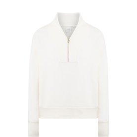 Varley Sweat Top in Pris white, quarter-zip neckline, relaxed fit, ribbed cuffs and hem, gold-tone zip pull