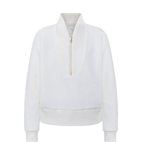 Varley Mumford Half-Zip Fleece Sweatshirt in Egret, with gold-tone half-zip, ribbed trims, and straight hemline