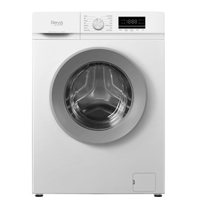 Servis white freestanding washing machine with silver porthole door and digital control panel