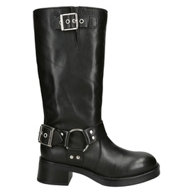 Steve Madden black leather mid-calf moto boot with silver buckle and harness ring detail at ankle, block heel