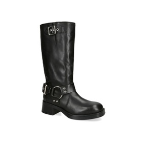 Steve Madden black leather knee-high moto boot with silver harness ring detail, buckle strap at calf, and low block heel.
