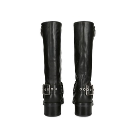 Steve Madden black leather knee-high boots, rear view, block heel, silver buckle and eyelet harness straps