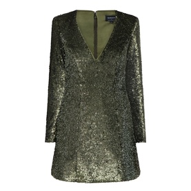 Bardot khaki sequin mini dress with deep V-neckline, long sleeves, and fitted silhouette