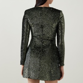 Model wearing Bardot khaki sequin mini dress, long sleeves and fitted silhouette, rear view showing all-over embellishment.