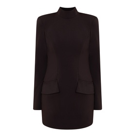 Bardot dark choco mini dress with mock neck, long sleeves, structured shoulders and faux flap pockets
