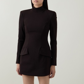 Model wearing Bardot dark chocolate long-sleeve mini dress with high neck, structured shoulders, and peplum hip detailing.
