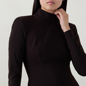 Model wearing Bardot dark chocolate turtleneck dress, long-sleeve fitted style with seam detailing, close-up crop view