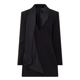 Bardot black blazer dress with satin shawl lapel and draped front tie detail, long sleeves, relaxed fit