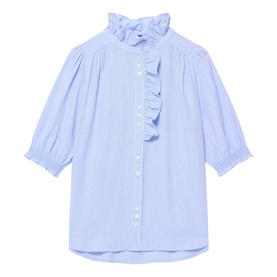 Mint Velvet Chambray Ruffle Blouse in blue with high ruffle neckline, ruffle front trim, short elasticated sleeves and button fastening