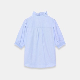 Mint Velvet Chambray Ruffle Blouse in blue, ruffle high neck, short elasticated sleeves, button fastening, curved drop-back hem