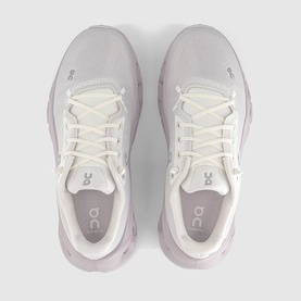On Running trainers in Ether Ivory, overhead view showing white laces, mesh upper and padded heel collar.
