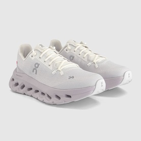 On Running Cloudtilt trainers in Ether Ivory, white mesh upper with silver logo, lavender chunky cloud sole unit