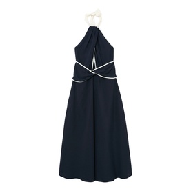 Reiss blue halterneck midi dress with white bow neck tie, contrast piping trim, and A-line skirt. Ghost/flat lay shot.