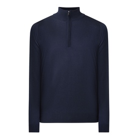 John Smedley Tapton Extra Fine Knit Half-Zip Sweater in blue, merino wool, high neck, ribbed trims, long sleeves
