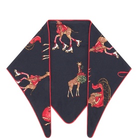 Chelsea Peers Festive Giraffes Navy Dog Coat in navy blue with red trim, featuring festive giraffe print in red and gold
