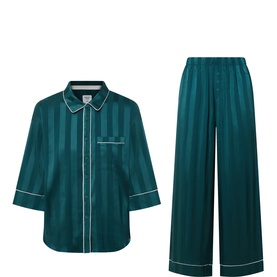 Chelsea Peers Tonal Stripe Green satin pyjama set with 3/4-sleeve shirt and wide-leg trousers, white piped trim detail
