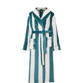 Chelsea Peers Stripe Green hooded robe in teal and white vertical stripes, with tie belt and patch pockets