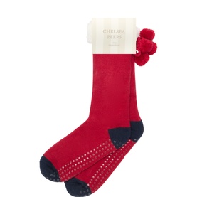 Chelsea Peers Colour Block Red socks with cream faux-fur cuff, red pom-pom trim, and navy grip sole